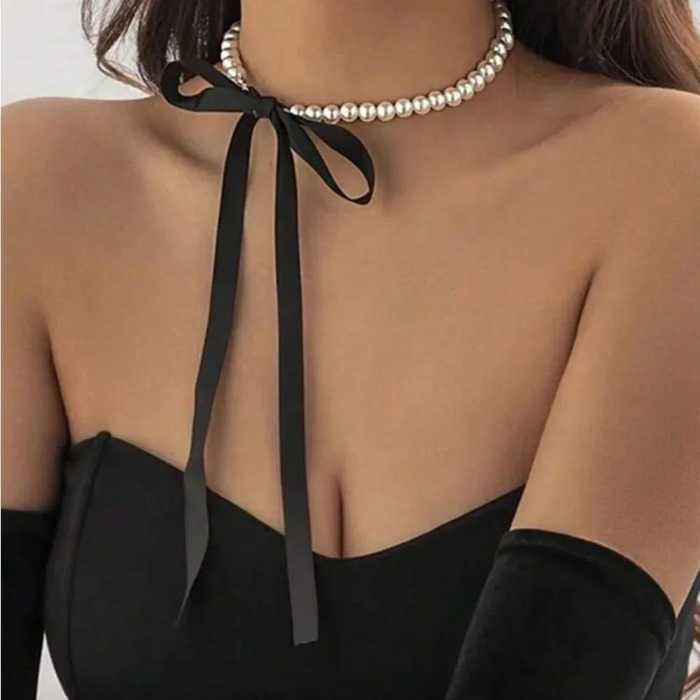 Elegant Pearl Necklace with Red Ribbon R142